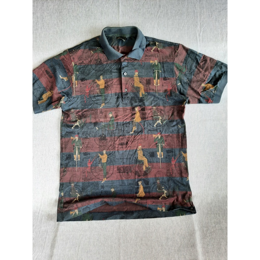 Bobby Jones Men Medium All over Art Logo Golf Polo Short Sleeve Italy made